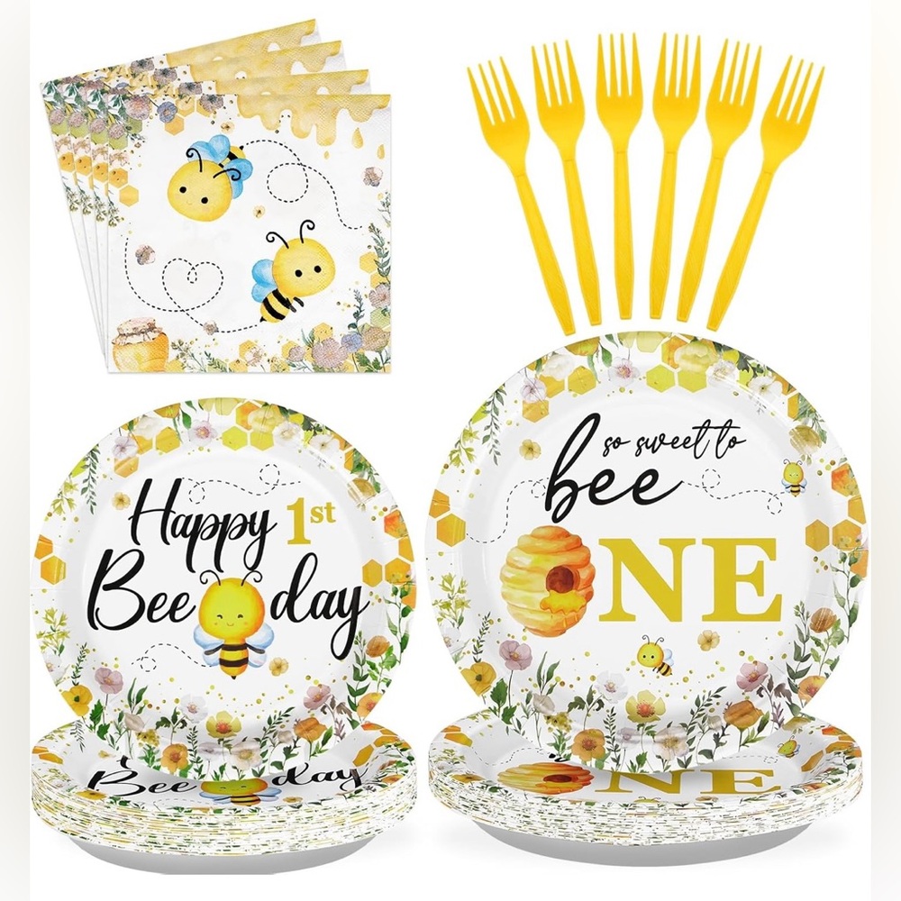 96Pcs Bee 1st Birthday, Plates & Napkins Tableware Sets, Party Decorations - NWT